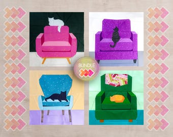 Seat Taken Quilt Block Bundle: 4 Cat Chair FPP Patterns (14x14") each