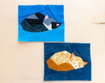 Cozy Kitty Quilt Block Pattern 10x8" Foundation Paper Piece FPP Curled up cat calico orange tuxedo