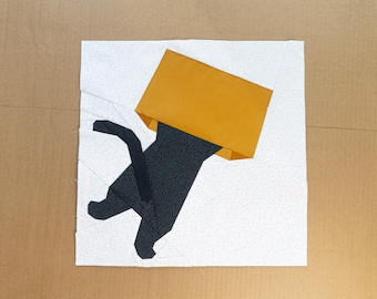 Stealthy Box Kitty Quilt Block Pattern 14x14" Foundation Paper Piece FPP Black Cat is perfectly hidden