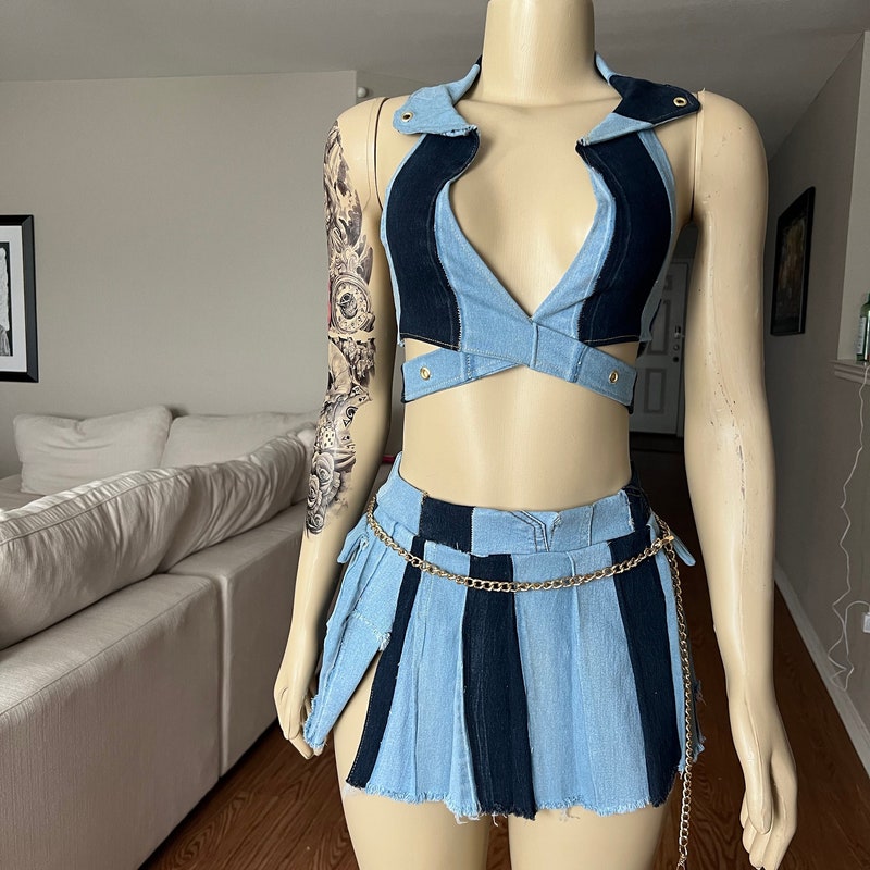 Two-Piece Denim Lace Trimmed Vest Skirt