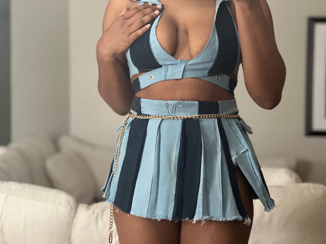 PATTERNED DENIM SKIRT TUNIC SET
