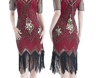 Gatsby 1920s Flapper Women Vintage Sequin Beaded Art Deco Fancy Dress with Sleeve-XGY1920S