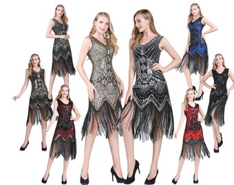 1920s sequin Costume Cocktail Party Fringe Flapper Sleeveless V-neck Dress