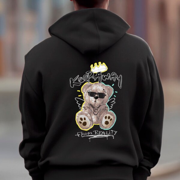 Blijf weg van de realiteit Bear Hoodie, Street Style Wear, Urban Wear, Vriendje Cadeau, Vriendin Cadeau, Warme Hoodie, Heren Hoodie, Dames Hoodie