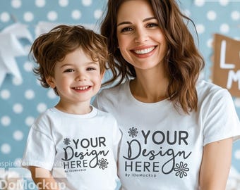 Mommy and me Mockup, Family Tshirt mockup, White shirt Mom boy Kids Family Mockup, White Bella Canvas 3001 T-shirt, Mama and mini Tshirt