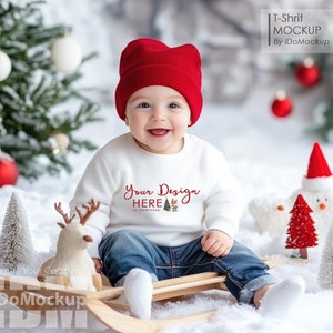 Christmas Kids sweatshirt Mockup, Gildan 18000 sweatshirt New Year Christmas Mockup baby kids model white crewneck shirt mock up