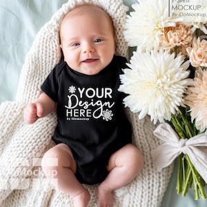 Black Baby Newborn Onesie Mockup, Black Bella Canvas 100B , infant Baby Bodysuit Mockup, Baby shower onesie mockup, Spring mockup newborn