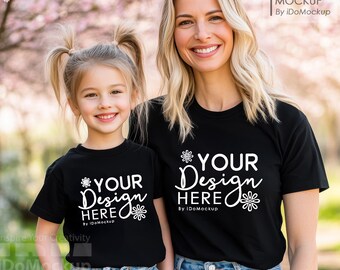 Maqueta de mamá y yo, maqueta de camiseta familiar, camiseta negra, maqueta de mamá y niños, camiseta negra Bella Canvas 3001, camiseta de mamá y mini