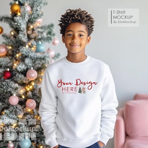 Christmas Kids white sweatshirt Mockup, white Gildan 18000B sweatshirt New Year Christmas Mockup Boy kids model white crewneck shirt mockup