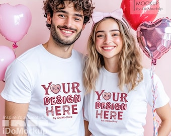 Couple Love Valentines Tshirt Mockup, White Bella Canvas 3001 T-Shirt Valentine's Day Mockup Couple model Love concept white shirt mock up
