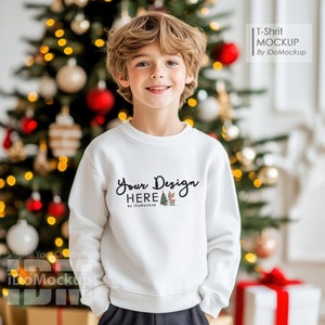 Christmas Kids white sweatshirt Mockup, white Gildan 18000B sweatshirt New Year Christmas Mockup Boy kids model white crewneck shirt mockup