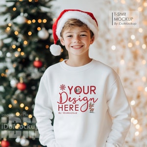 Christmas Kids white sweatshirt Mockup, white Gildan 18000B sweatshirt New Year Christmas Mockup Boy kids model white crewneck shirt mockup