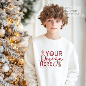 Christmas Kids white sweatshirt Mockup, white Gildan 18000B sweatshirt New Year Christmas Mockup Boy kids model white crewneck shirt mockup