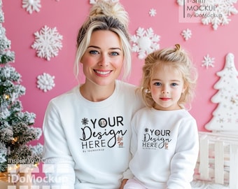 Mamãe e eu de Natal, Maquete de moletom de família, Moletom branco de mãe e filhos, Maquete de família, Mamãe e mini moletom