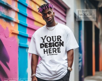 White Comfort Colors 1717 Maqueta de camiseta unisex, moda masculina Maqueta de camiseta blanca de gran tamaño, modelo de hombre, maqueta de modelo negro Street Cool Manly