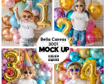 Maquete de camisa de aniversário infantil, 1 - 5 anos de idade branca Bella Canvas 3001 Camiseta maquete, camiseta para bebês meninos, camiseta infantil para festa de aniversário