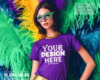 Karneval Shirt Mockup, Lila Bella Canvas 3001 Tshirt Mockup, Maske Festival T-shirt Straßenparty, Frauen Bella Canvas Modell T-shirt Mockup