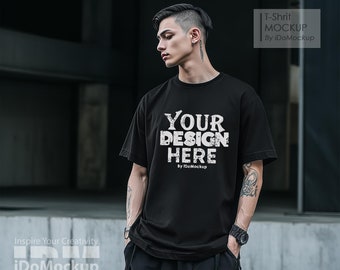 Black Comfort Colors 1717 Unisex Tshirt mockup, mens fashion black oversized t-shirt mock up, Asian model, Street Cool casual fashion style