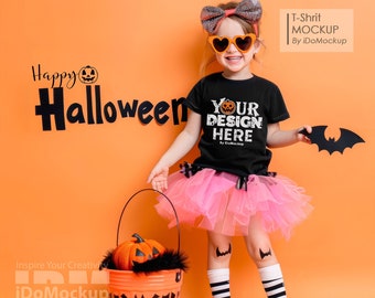 Halloween Kids Tshirt Mockup, Black Bella Canvas 3001T T-Shirt fall Halloween Mockup baby girl kids model black crewneck shirt mock up