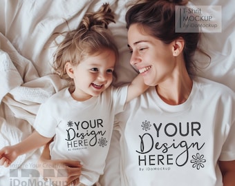 Mommy and me Mockup, Family Tshirt mockup, White shirt Mom Kids Family Mockup, White Bella Canvas 3001 T-shirt, Mama and mini Tshirt
