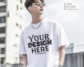 Maqueta de camiseta unisex White Comfort Colors 1717, maqueta de camiseta blanca de gran tamaño de moda masculina, modelo de hombre, maqueta de camiseta masculina Street Cool