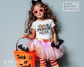 Halloween Kids Tshirt Mockup, White Bella Canvas 3001T T-Shirt fall Halloween Mockup baby girl kids model white crewneck shirt mock up