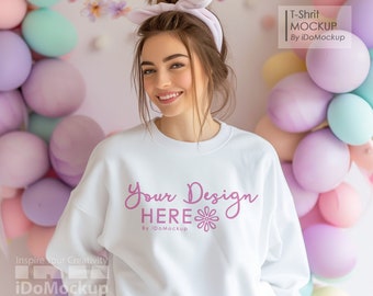 Easter White Sweatshirt Mockup, White Gildan 18000 Happy Easter theme Mockup, Woman model white crewneck sweatshirt with Easter Eggs mock up