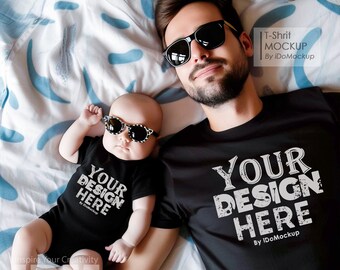 Father's Day Black T-Shirt Mockup, Dad and Me Family (JPG)