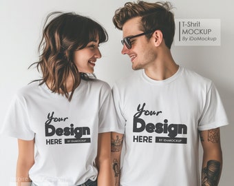 Couple White Bella Canvas 3001 Tshirt mockup, couple model Tshirt Mock up, Simple white Tshirt Mock up for anniversary love