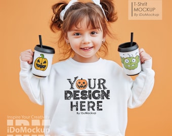 Halloween Kids sweatshirt Mockup, White Gildan 18000b sweatshirt fall Halloween Mockup baby girl kids model Crewneck Sweatshirt mock up