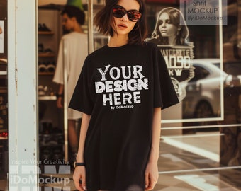 Black oversized Comfort Colors 1717 Unisex Tshirt mockup, womens fashion black oversized t-shirt mock up, Woman model Street Cool style