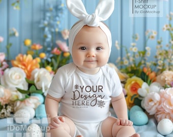 Påsk babybody Mockup, Vit nyfödd babybody Mockup, Vita kaninskinn 4400, Babybody Mockup, Glad påskdag mockup
