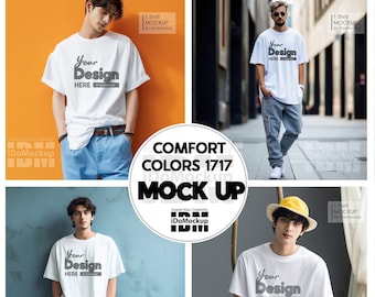 White Comfort Colors 1717 Maqueta de camiseta unisex, moda masculina Maqueta de camiseta blanca de gran tamaño, modelo de hombre, moda Street Cool, paquete de maquetas