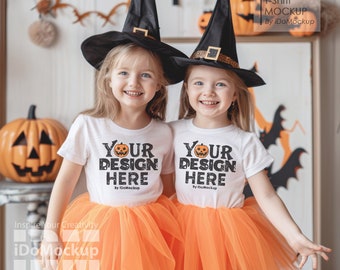 Couple Halloween Kids Tshirt Mockup White Bella Canvas 3001T T-Shirt fall Halloween Mockup baby girl kids model white crewneck shirt mock up