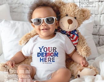 4th July White Baby Onesie bodysuit Mockup, White Rabbit skins 4400 ,  fourth July Mockup infant Baby Bodysuit, Cute Black Baby boy model