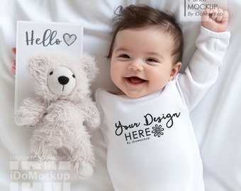 White Baby Newborn Onesie Mockup, White Rabbit skins 4411, infant Baby Long Sleeve Bodysuit Mockup, Baby shower mockup, Gift welcome newborn