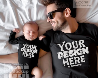 Daddy and me shirt Mockup, Family Tshirt mockup, Black shirt Dad Kids Family Mockup, black Bella Canvas 3001 T-shirt, Fathers day mock up