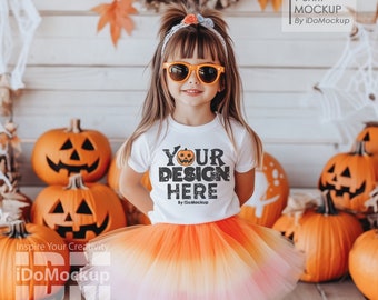 Halloween Kids Tshirt Mockup, White Bella Canvas 3001T T-Shirt fall Halloween Mockup baby girl kids model white crewneck shirt mock up