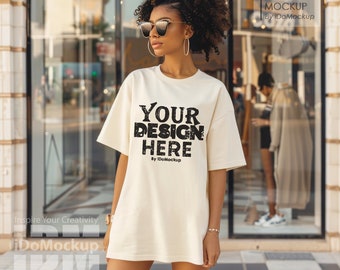 Ivory Oversized Comfort Colors 1717 Unisex Tshirt mockup, womens fashion Ivory oversized t-shirt mock up, Woman model Street casual fashion