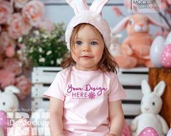 Camiseta rosa de páscoa infantil maquete, bailarina peles de coelho 3321 camiseta maquete de páscoa bebê criança menina crianças modelo camisa de gola redonda rosa mock up