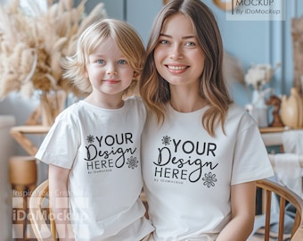 Mommy and me Mockup, Family Tshirt mockup, White shirt Mom Kids Family Mockup, White Bella Canvas 3001 T-shirt, Mama and mini Tshirt