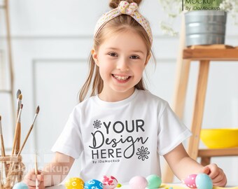 Easter white Tshirt kids Mockup, white Bella Canvas 3001Y T-Shirt Easter Mockup baby girl kids model white crewneck kids tshirt mock up
