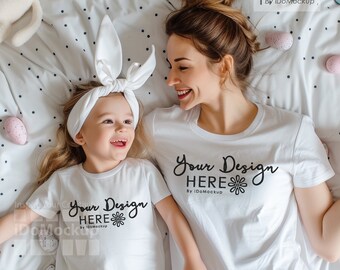 Camisa branca de Páscoa Mamãe Bebê Crianças Maquete de família, Bella Canvas branca 3001 Camiseta moderna com tema de Páscoa Maquete, Camiseta feminina branca com gola redonda