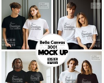 Pareja Negro Blanco Bella Canvas 3001 Camiseta maqueta, modelo de pareja Camiseta Mockup, Hombre y Mujer Camiseta Mock up, Pareja romántica de San Valentín