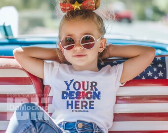 4th July white Tshirt kids Mockup, white Bella Canvas 3001T T-Shirt fourth July Mockup baby girl kids model white crewneck shirt mock up