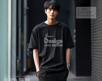 ブラック コンフォート カラーズ 1717 ユニセックス T シャツ モックアップ、メンズ ファッション ブラック オーバーサイズ T シャツ モックアップ、アジアン モデル、ストリート クール カジュアル ファッション スタイル