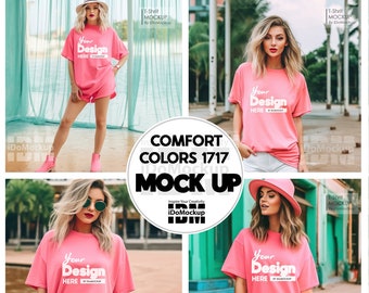 Watermelon Comfort Colors 1717 mock up, female model Tshirt Mockup, T-Shirt Mockup, Comfort colors Mock up, pink oversized, bundle mockup