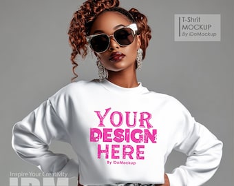 Gildan 18000 Mockup, White Sweatshirt mockup, Stylish Chic Model, Black Girl Model, Lifestyle Diverse Mockup, African American Mockup