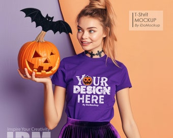 Halloween Tshirt Mockup, Team purple Bella Canvas 3001 mockup T-shirt, female Model Mockup 3001 Mock Ups, Fall shirt, Halloween Shirt Mock