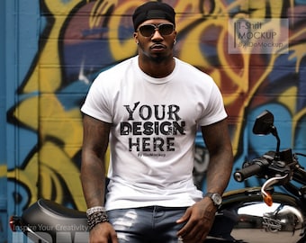 Black Model Mockup White Bella Canvas 3001, Mockup afroamericano, Mockups diversos, Mockups varoniles, camiseta blanca Moda de estilo de vida fresco